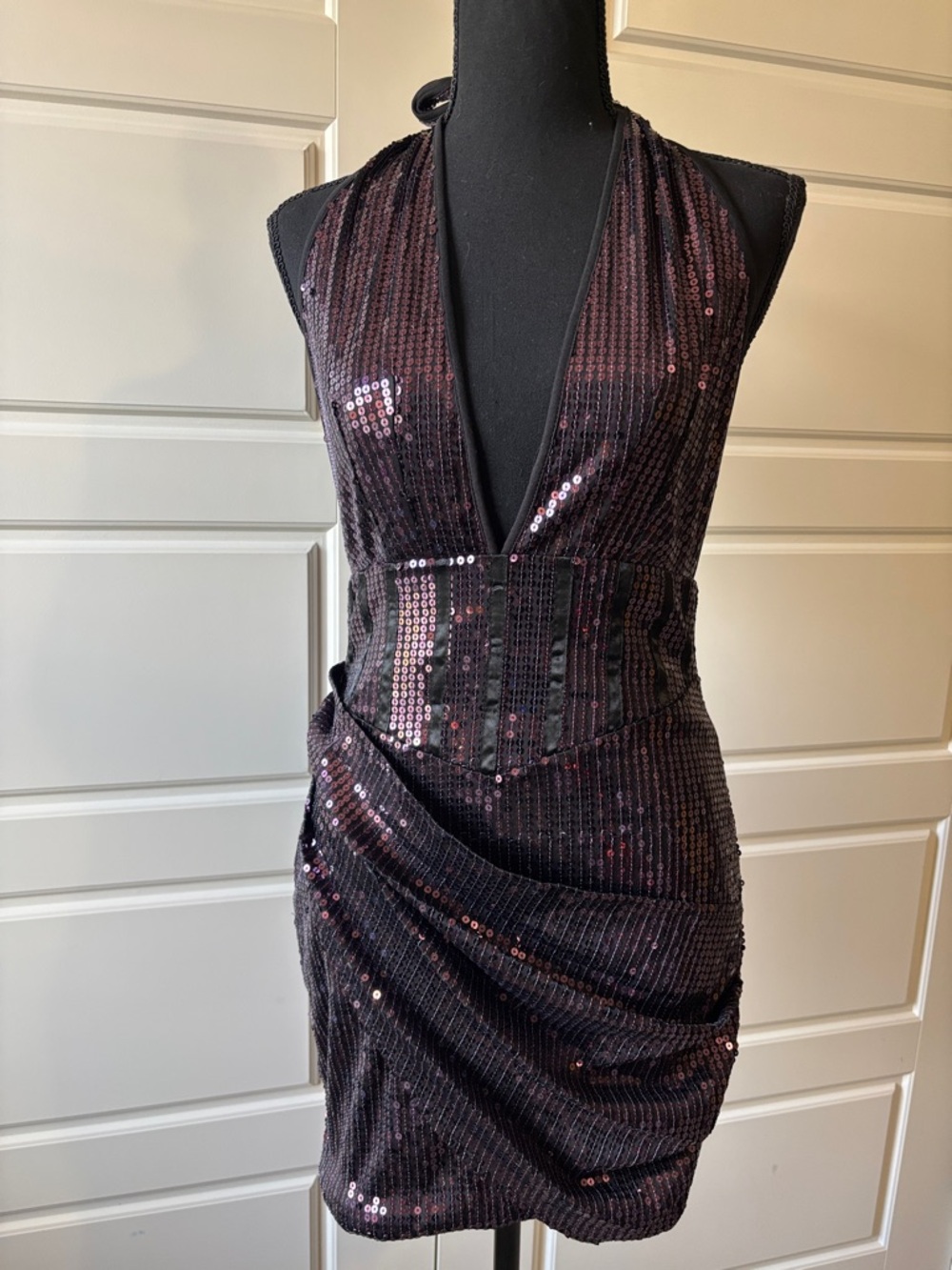 Plum Sequin Deep V Halter Mini Dress